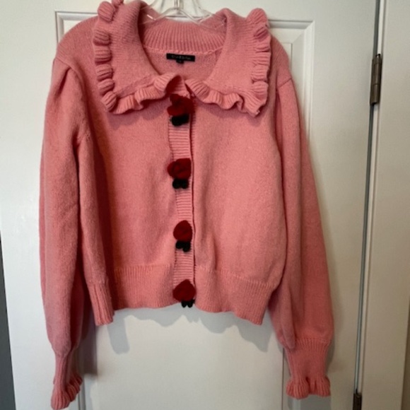Pink Cardigan with Crocheted Red Strawberry Buttons Sz L/XL Novelty Cottagecore - Picture 1 of 16